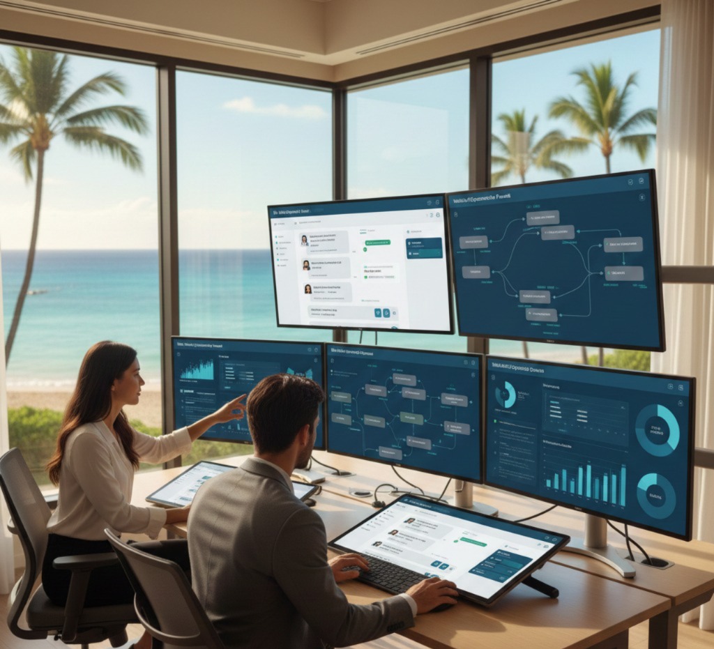 A friendly call center agent with a headset smiling and ready to help.