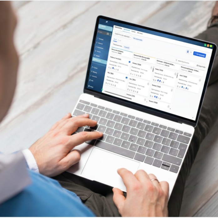 A professional woman smiling while using a CRM on her laptop.