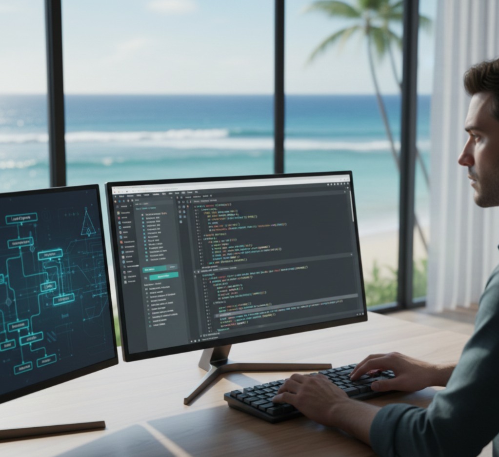 A sleek and modern website design displayed on a laptop screen.